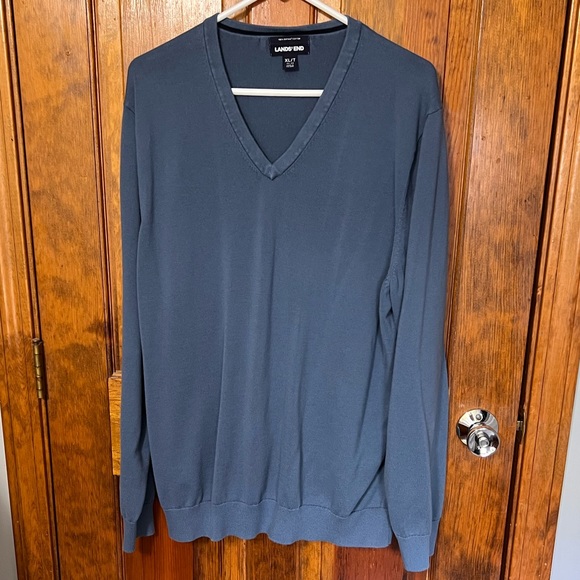 Lands’ End- Supima Cotton V-neck Men’s Sweater- Muted Blue - Extra Large/ Tall - Picture 2 of 8